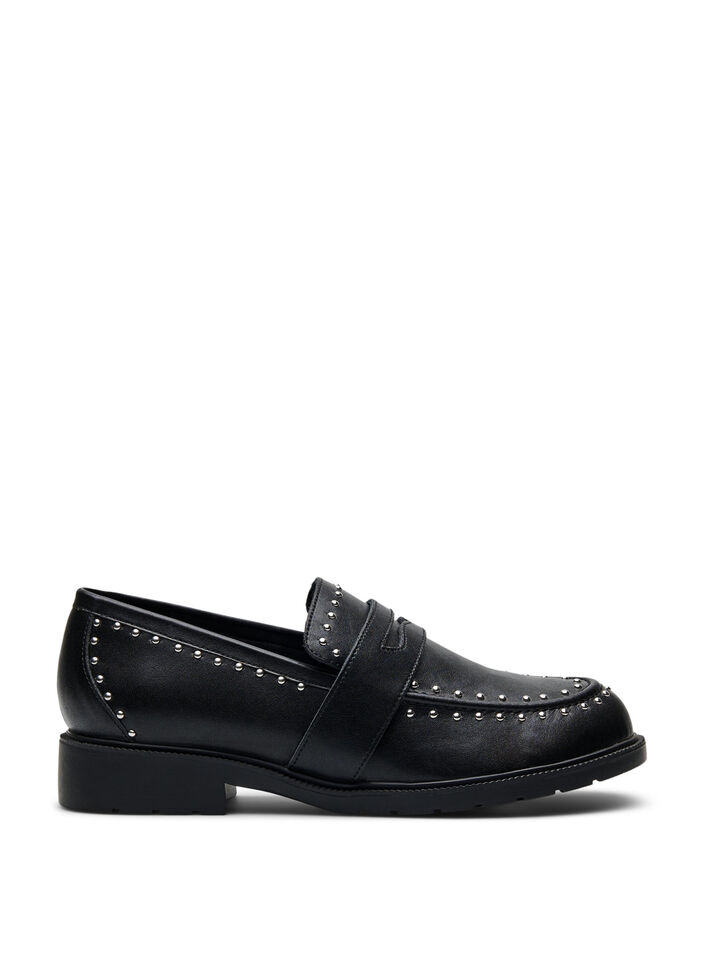 Wide fit - Lærloafers med nagler, Black, Packshot