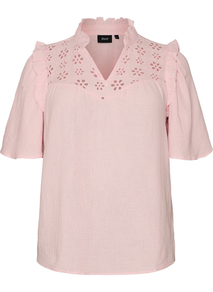 Bluse i bomullsmusselin med broderie anglaise og 1/2 ermer, Rosa, Packshot image number 0