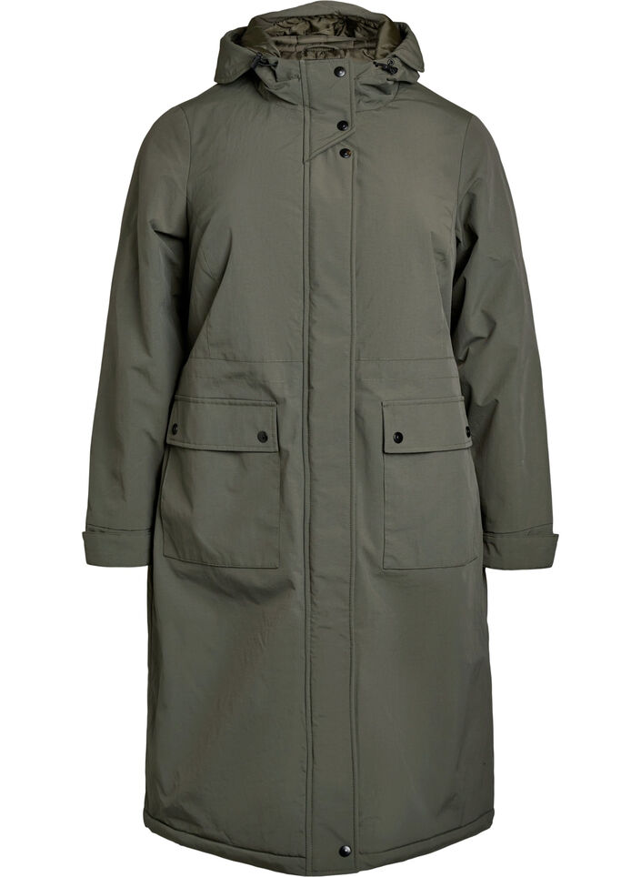 Parka med hette og justerbar midje, Grønn, Packshot image number 0
