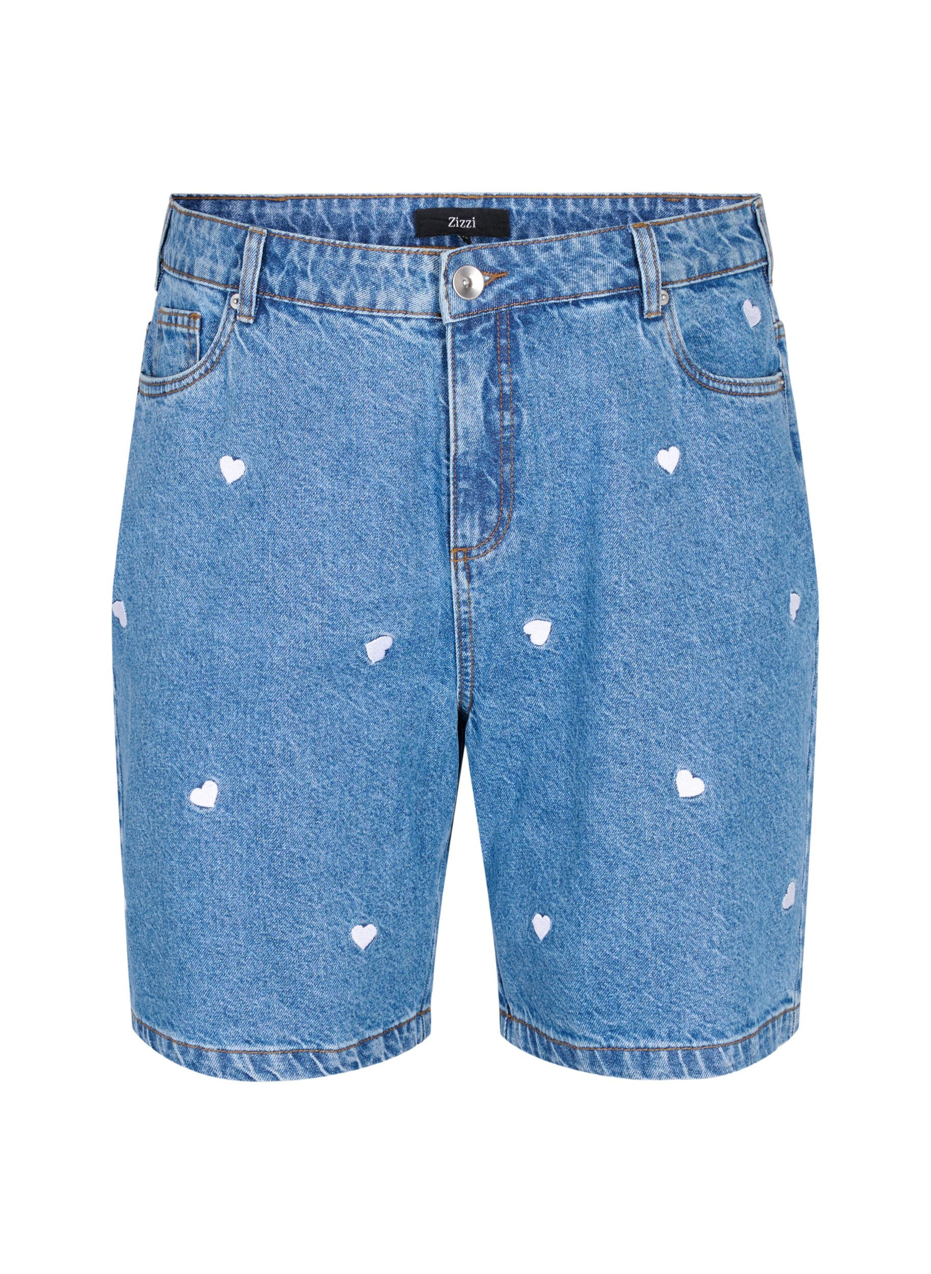 Zizzi Dongerishorts med h&oslash;y midje, med broderte hjerter, Bl&aring;, Packshot image number 0