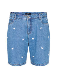 Dongerishorts med høy midje, med broderte hjerter, Light Blue Heart