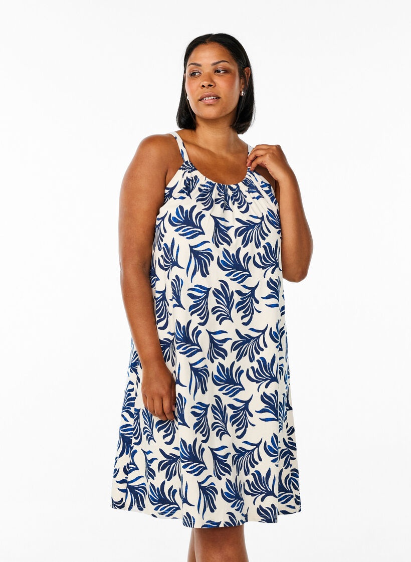Midi strap dress in organic cotton, Hvit, Model image number 0