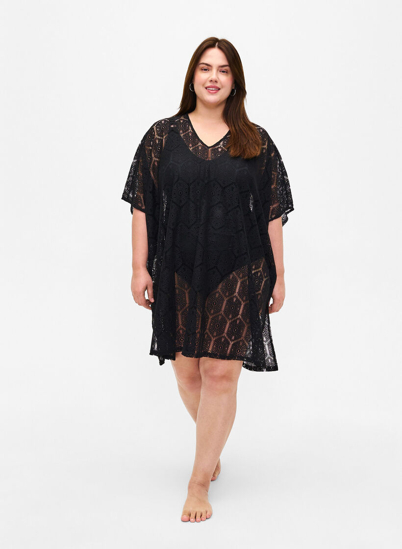 Kaftanstrandkjole med hullmønster, Black, Model image number 2