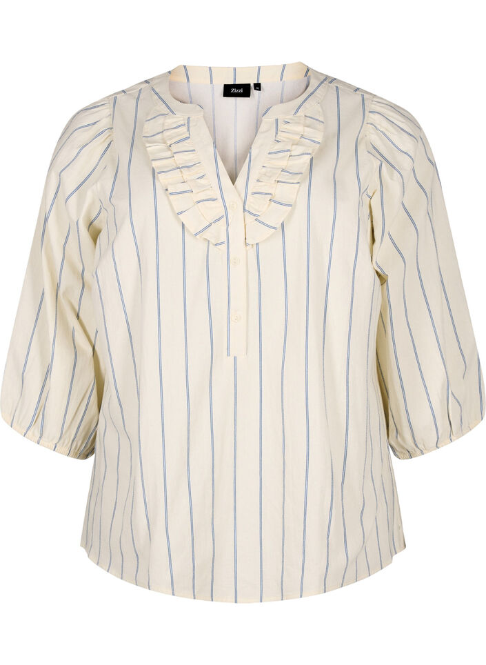 Bomullsbluse med striper og trekvartlange ermer, Eggnog Stripe, Packshot image number 0