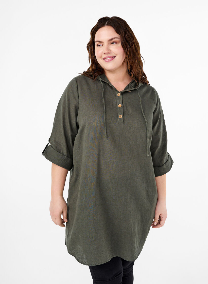 Tunika med hette i bomull og lin, Thyme, Model image number 0