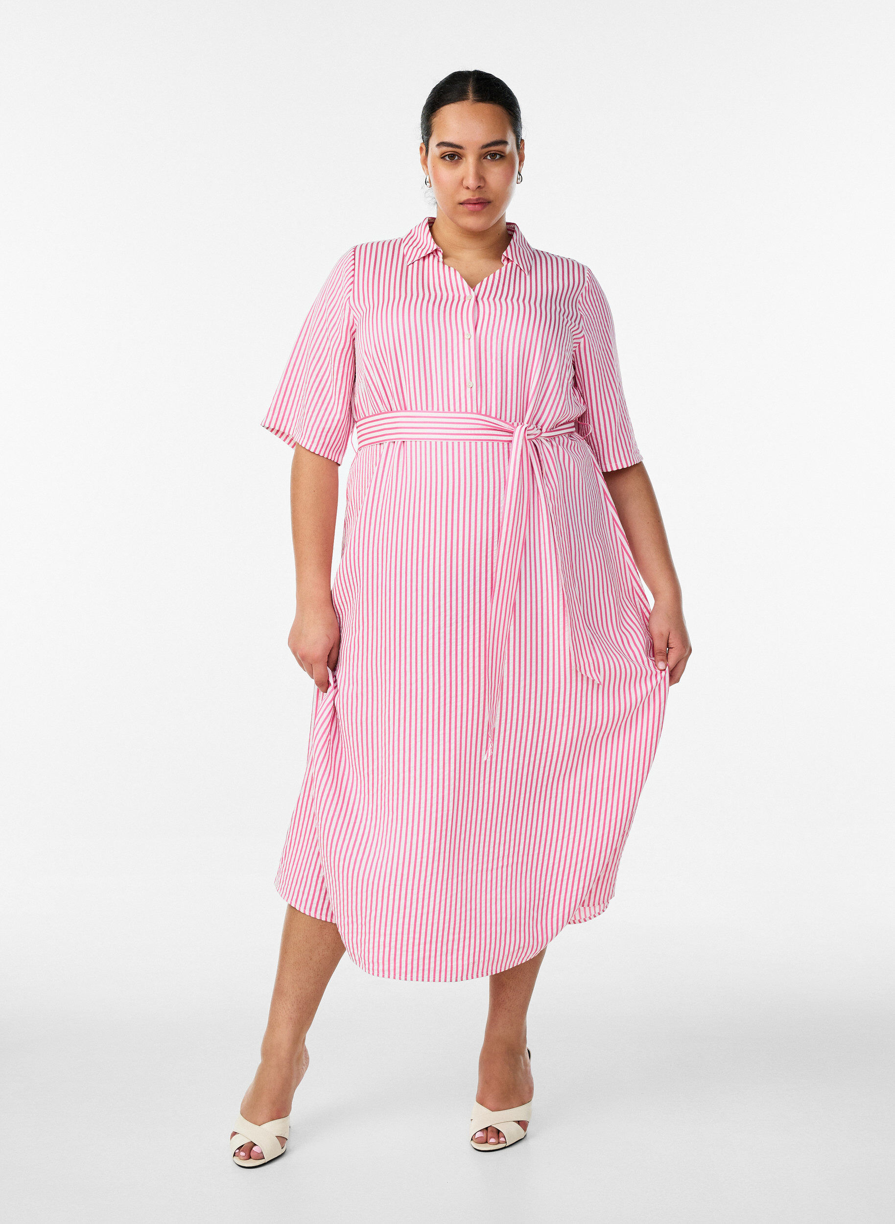 ZizziSkjortekjole i ankellengde med bindebelte og striper, Rosa, Model image number 0