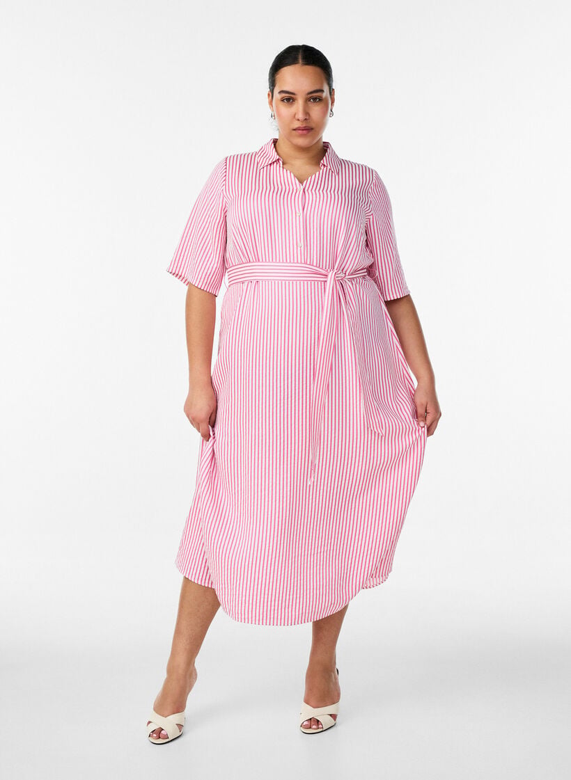 Skjortekjole i ankellengde med bindebelte og striper, Rosa, Model image number 0