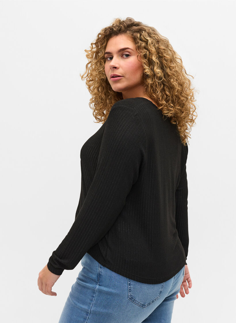 Ribbet cardigan med knyting, Black, Model image number 1