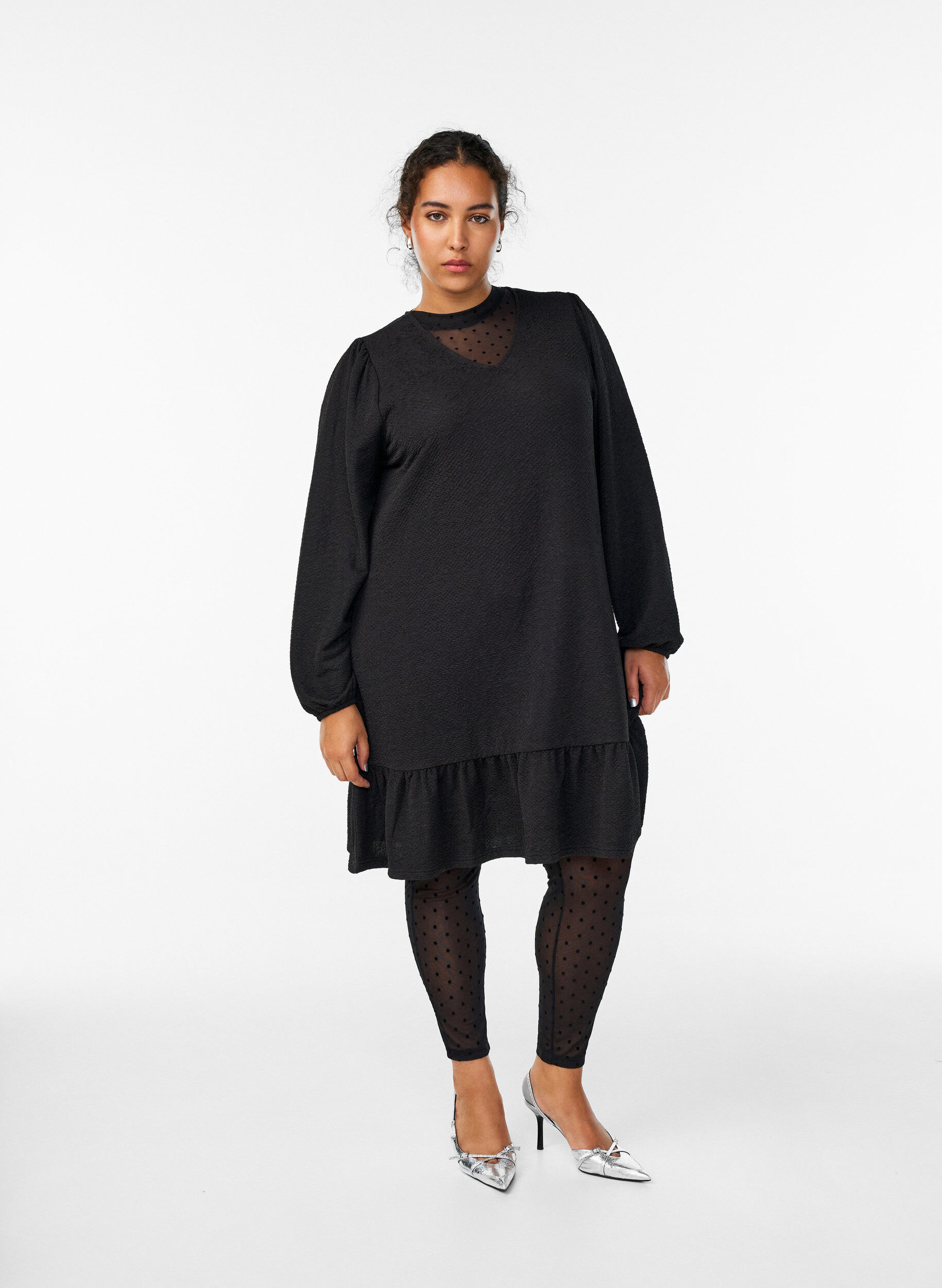 Mesh-leggings med velurdotter, Svart, Model