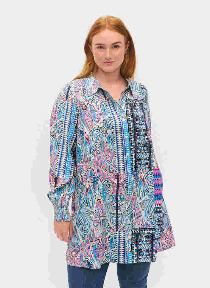Lang viskoseskjorte i paisleymønster, Blue Pink Paisley , Model image number 0