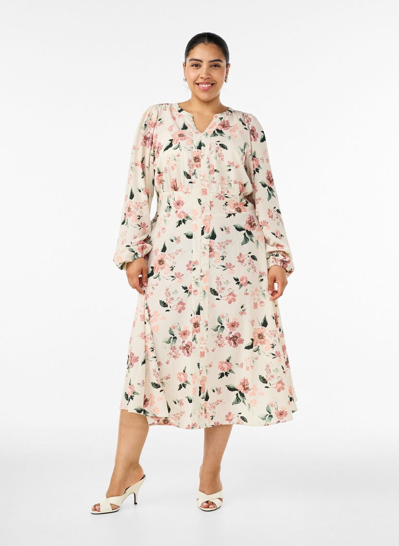 Midikjole med smock og dekorative knapper, Beige, Model image number 0