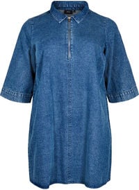 Kort denimkjole med glidelås og 3/4 ermer, Blå Kort denimkjole med glidelås og 3/4 ermer