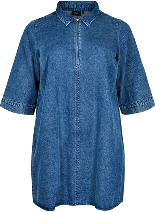 Zizzi Kort denimkjole med glidelås og 3/4 ermer, Blue Denim, Packshot image number 0
