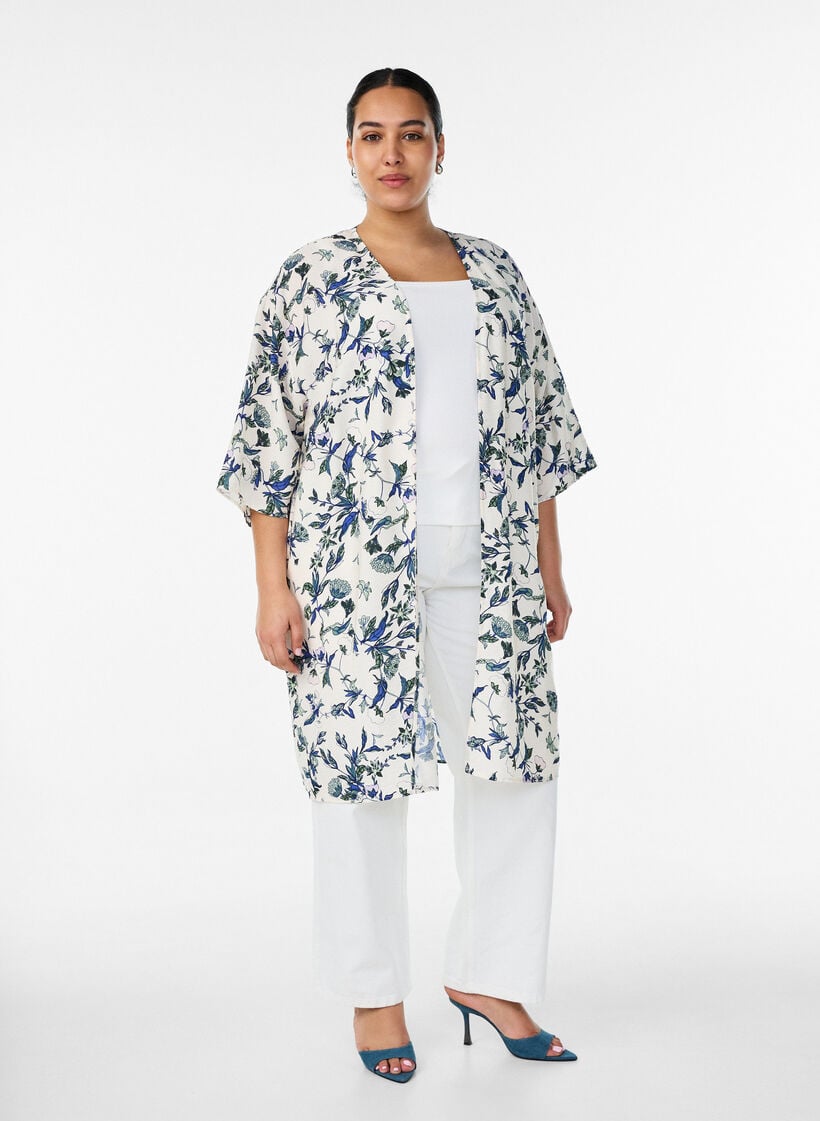 Kimono i viskose med 3/4 ermer, Bl&aring;, Model image number 1