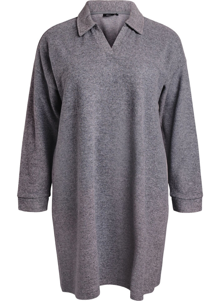Knelang jerseykjole med V-hals og krage, Grå, Packshot image number 0