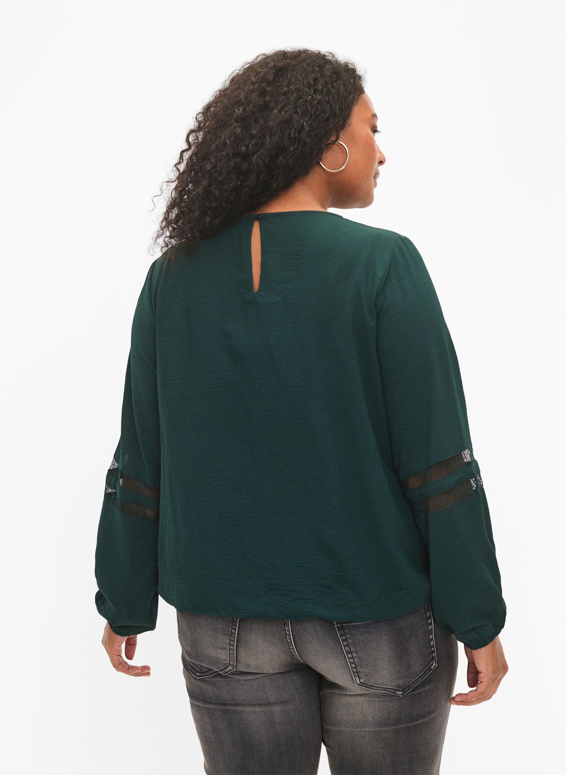 Zizzi Bluse med lange ermer og blonder, Scarab, Model image number 1