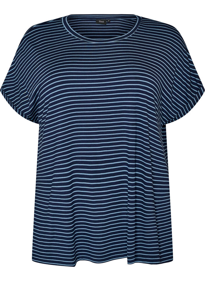 Stripete T-skjorte i viskose med rund hals, Bl&aring;, Packshot image number 0