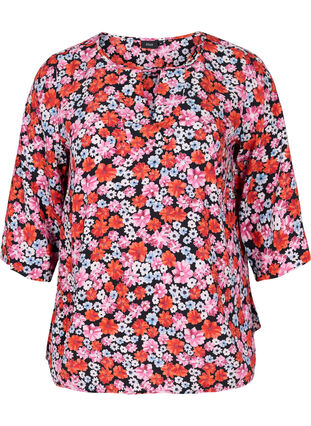 Blomstrete bluse med 3/4-ermer, Red Flower AOP, Packshot image number 0