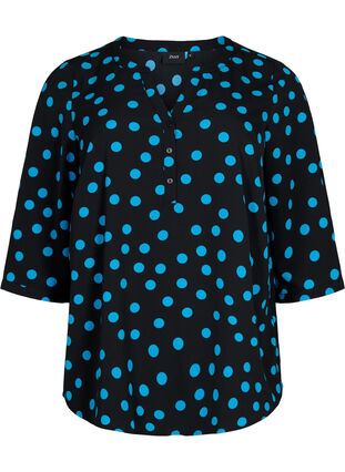 Bluse med print og 3/4 ermer, Black Blue Dot, Packshot image number 0