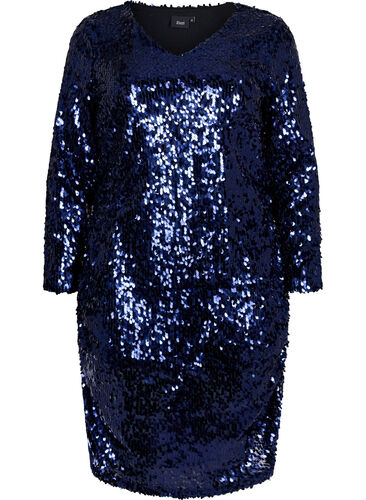 Kjole med paljetter og V-hals, Evening Blue, Packshot image number 0