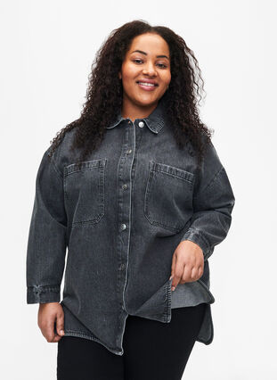 Zizzi Løstsittende denimjakke med knapper, Grey Denim, Model image number 0