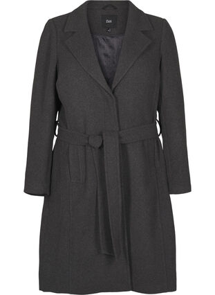Zizzi Lang ullkåpe med belte, Dark Grey Melange, Packshot image number 0