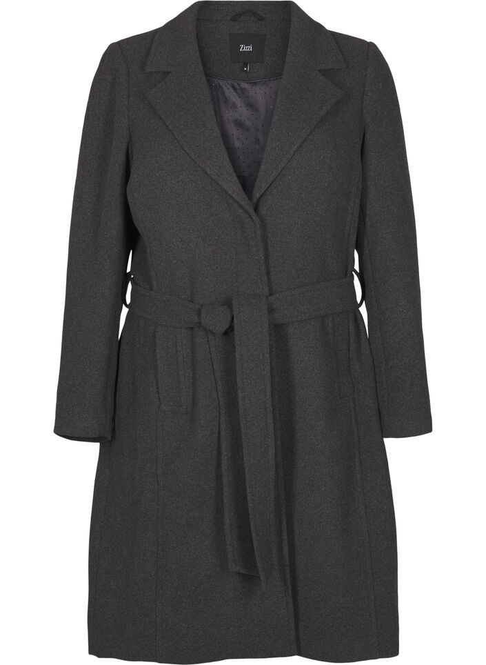 Lang ullkåpe med belte, Dark Grey Melange, Packshot image number 0