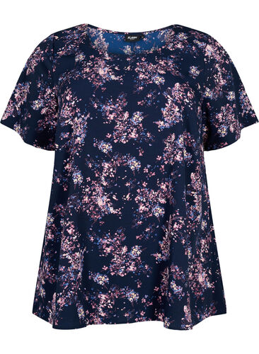 FLASH - Bluse med korte ermer og mønster, Navy Rose Flower, Packshot image number 0