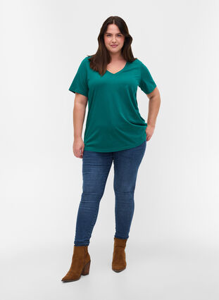 T-skjorte i organisk bomull med V-hals, Teal Green, Model image number 2