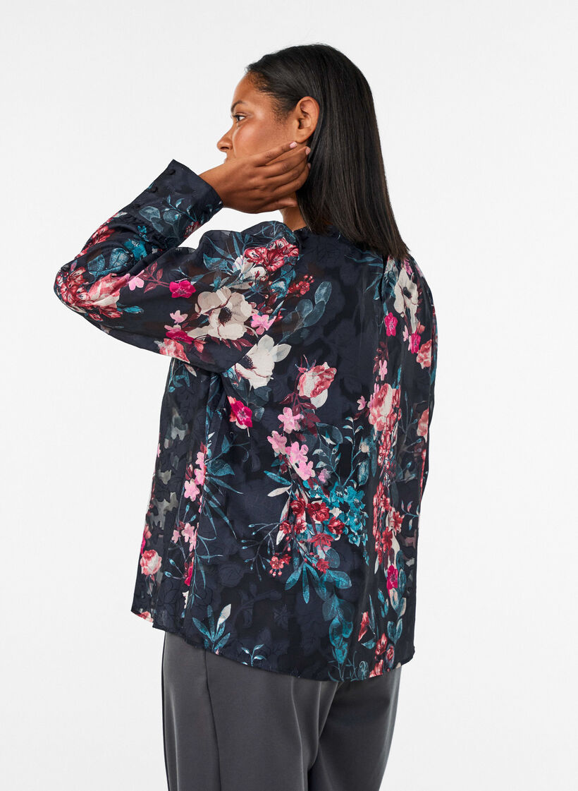 Bluse med blomstertrykk og vevd tekstur, Svart, Model image number 2