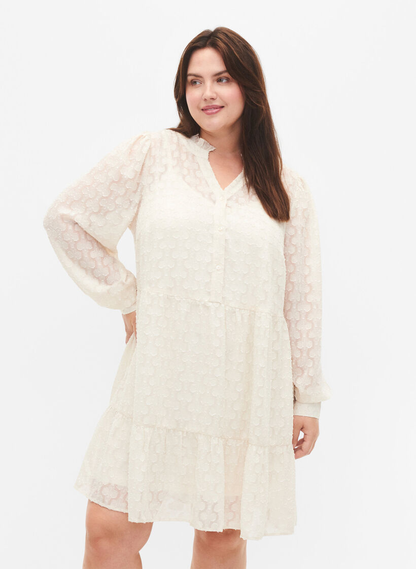 Jacquard kjole med volangkrage, Birch, Model image number 0