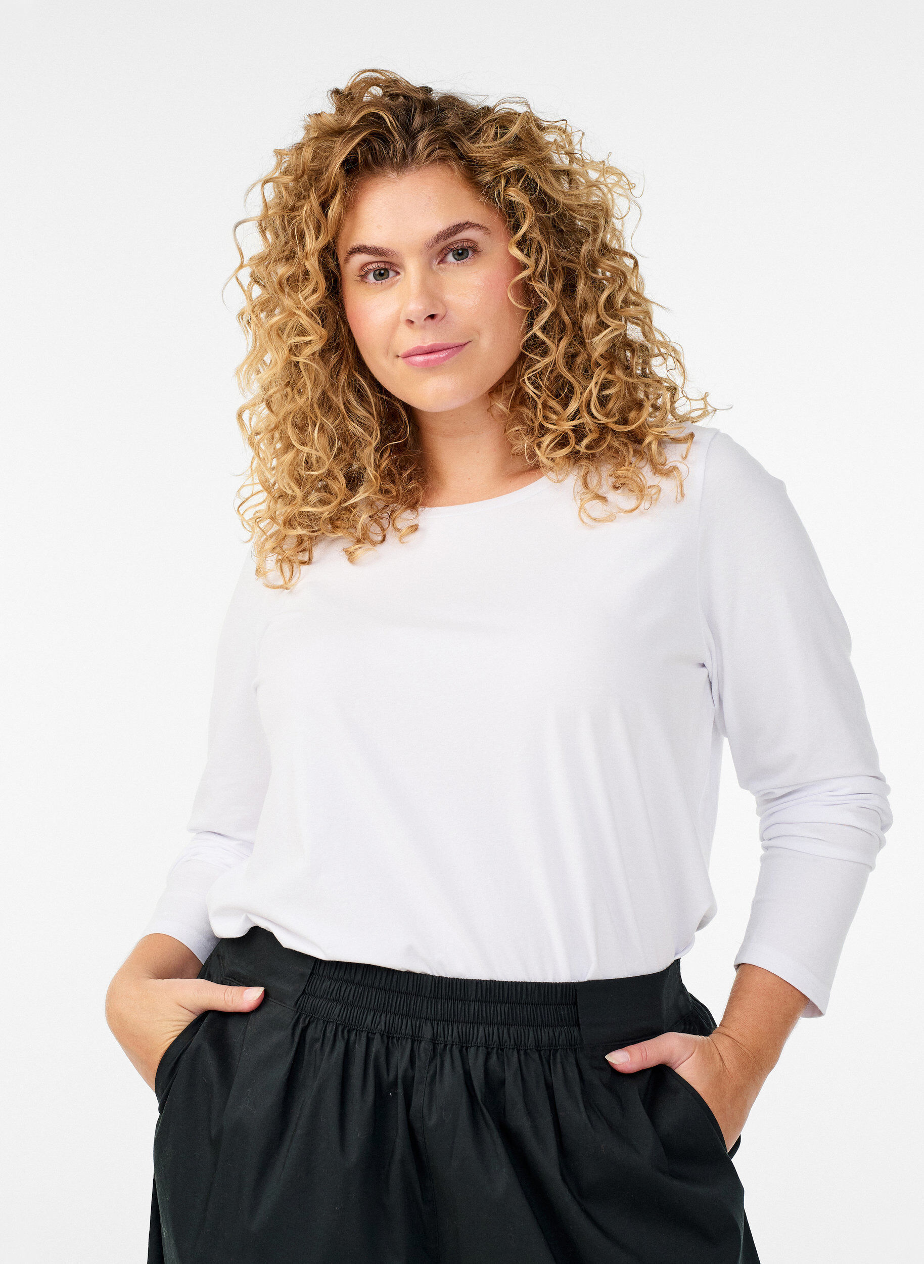 ZizziBasis jersey topp med lange ermer, Hvit, Model image number 0