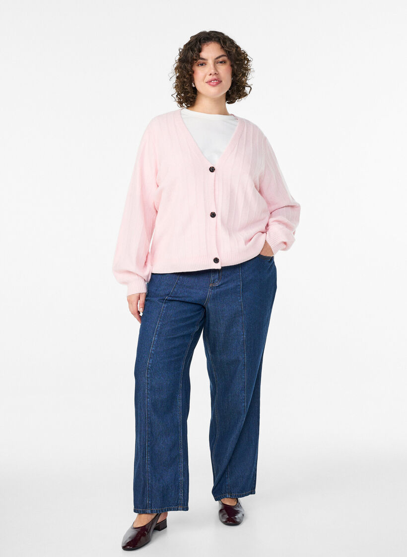 Cardigan med ribbet tekstur og ballongermer, Rosa, Model image number 1