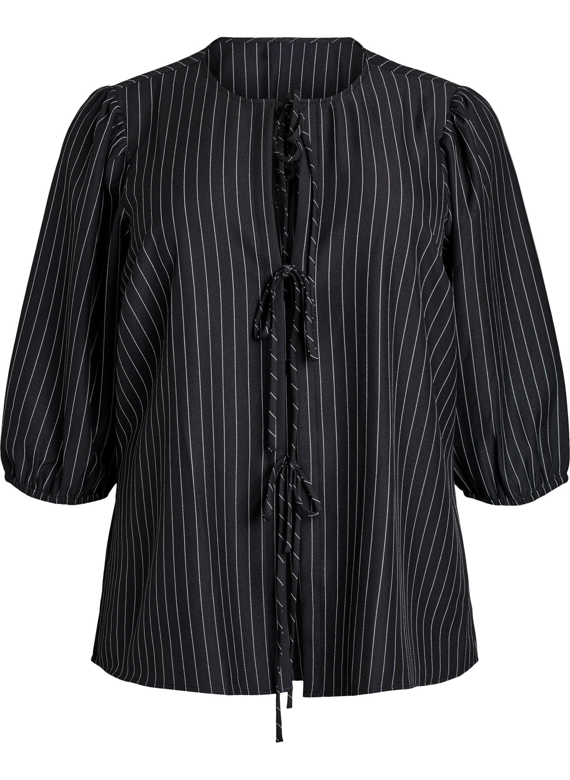 Bluse med pinstriper og knytesnorer