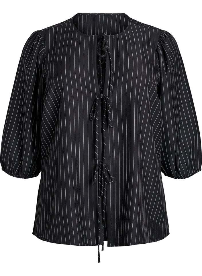 Bluse med pinstriper og knytesnorer, Svart, Packshot image number 0
