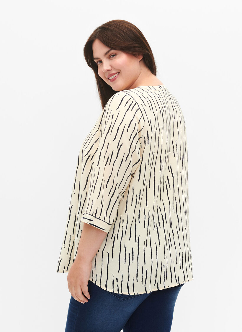 Bluse med 3/4 ermer og print, Off White Stripe, Model image number 1