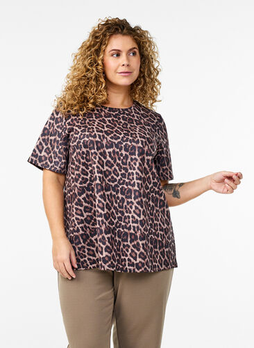 Zizzi FLASH - T-skjorte med leopardmønster, Brun, Model image number 0