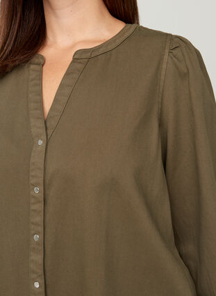 Lang bomullsskjorte med puffermer, Ivy Green, Model image number 2