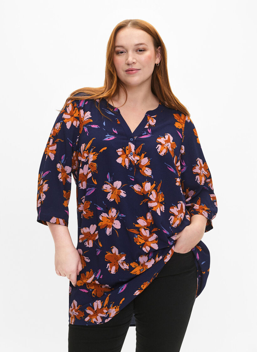 Blomstret tunika med 3/4 ermer, Peacoat Flower AOP, Model image number 0