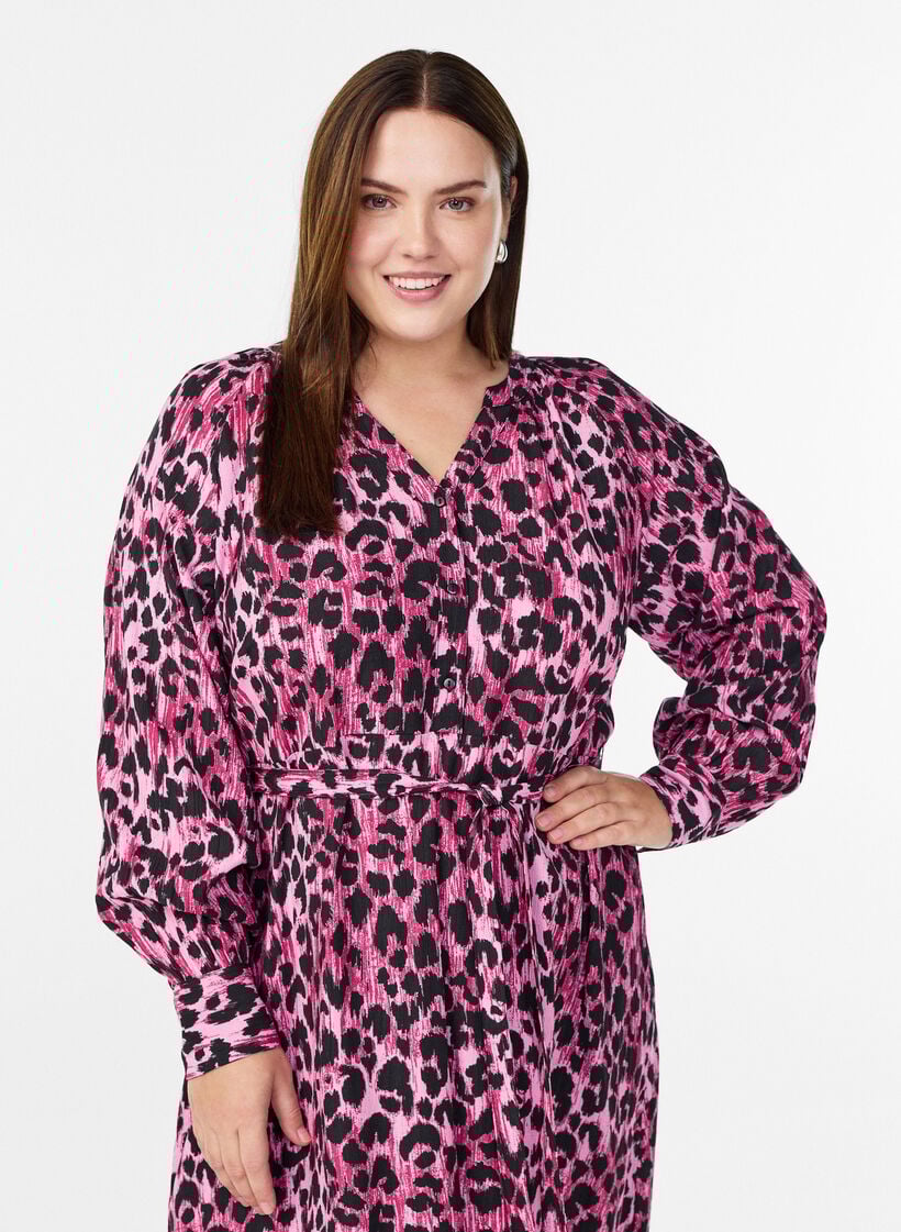 Midikjole med knappelukking og knytebelte, Rosa, Model image number 2