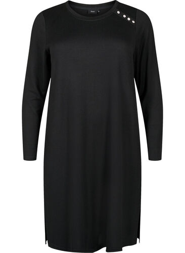 Langermet jerseykjole med knappedetaljer, Black, Packshot image number 0