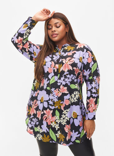 Blomstrete tunika i viskose, Purple Green Flower, Model image number 0