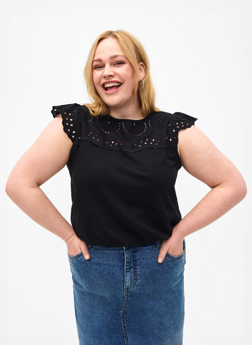 T-skjorte i økologisk bomull med engelske blonder, Black, Model image number 0