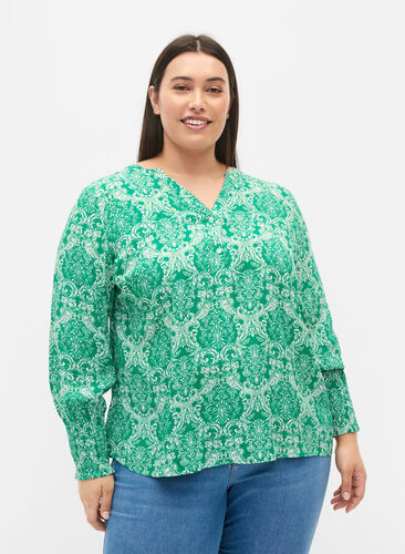 Mønstrete bluse i viskose med smock, Jolly Green Oriental, Model image number 0