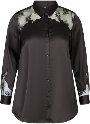 Skjorte med mesh og blonder, Black, Packshot image number 0