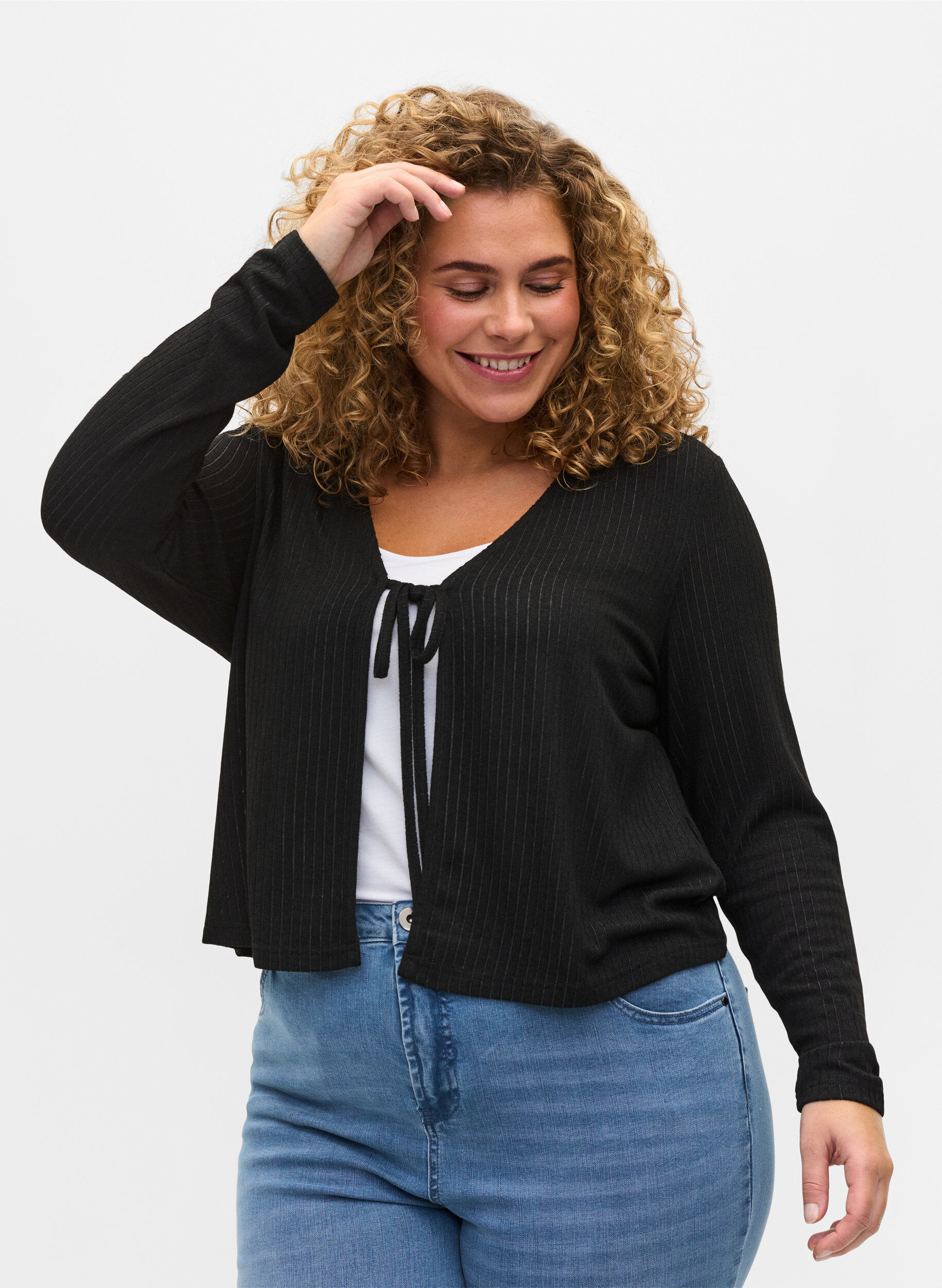 Zizzi Ribbet cardigan med knyting, Black, Model image number 0