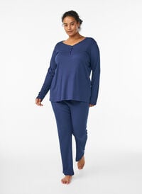 Pyjamasbukse med ribbestruktur og elastisk linning, Blå Pyjamasbukse med ribbestruktur og elastisk linning, Blå, Model