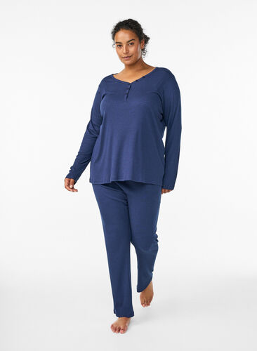 Zizzi Pyjamasbukse med ribbestruktur og elastisk linning, Blå, Model image number 0
