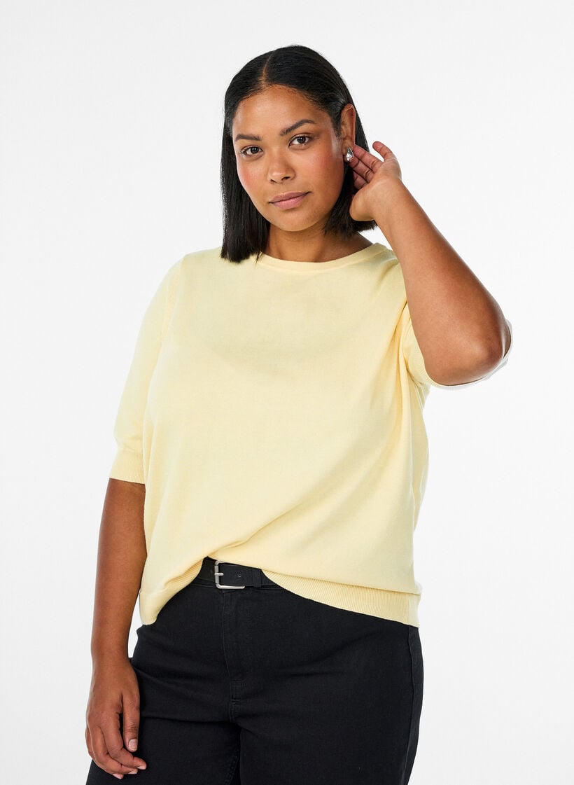 Finstrikket bluse med korte ermer, Gul, Model image number 0