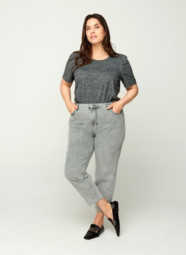 Cropped mom fit Mille jeans med en løs passform, Grey acid wash, Model image number 0